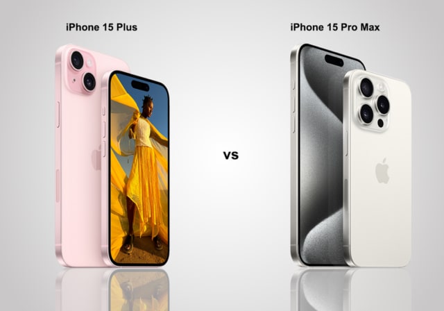 An iPhone 15 Plus next to an iPhone 15 Pro Max.