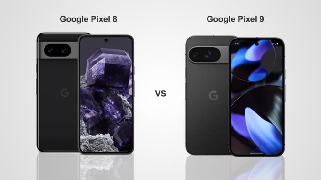 A black Google Pixel 8 next to a black Google Pixel 9.