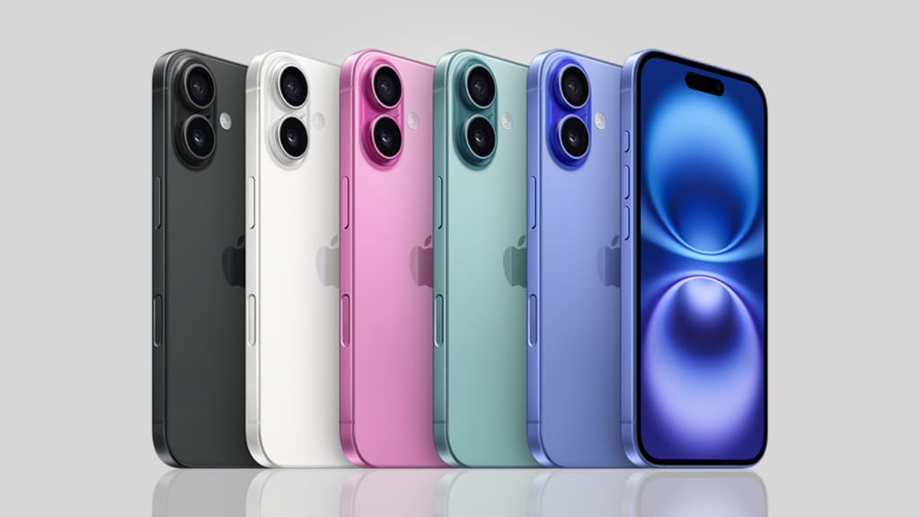 The Apple iPhone 16 in the available colors: black, white, pink, teal and ultramarine.