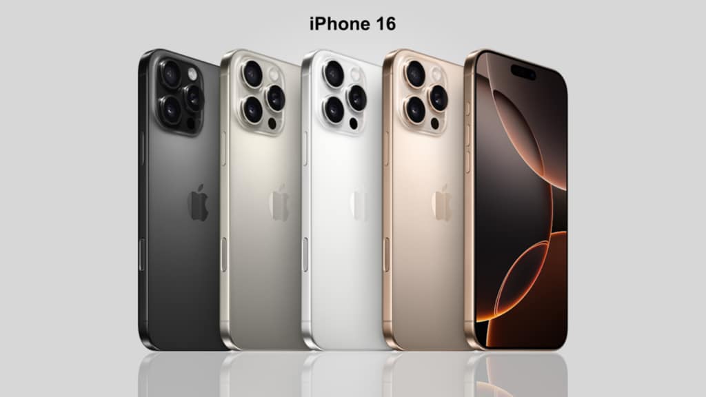 The Apple iPhone 16 Pro in its available colors: Black Titanium, Natural Titanium, White Titanium and Desert Titanium.