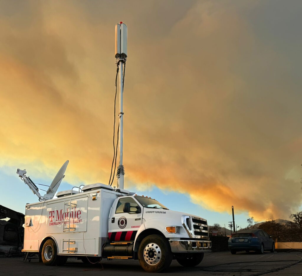 T-Mobile support vehicles deployed to aid connectivity efforts during the Jan. 2025 Los Angeles wildfires.