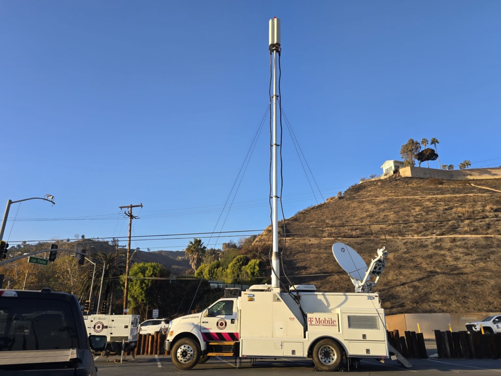 T-Mobile support vehicles deployed to aid connectivity efforts during the Jan. 2025 Los Angeles wildfires.